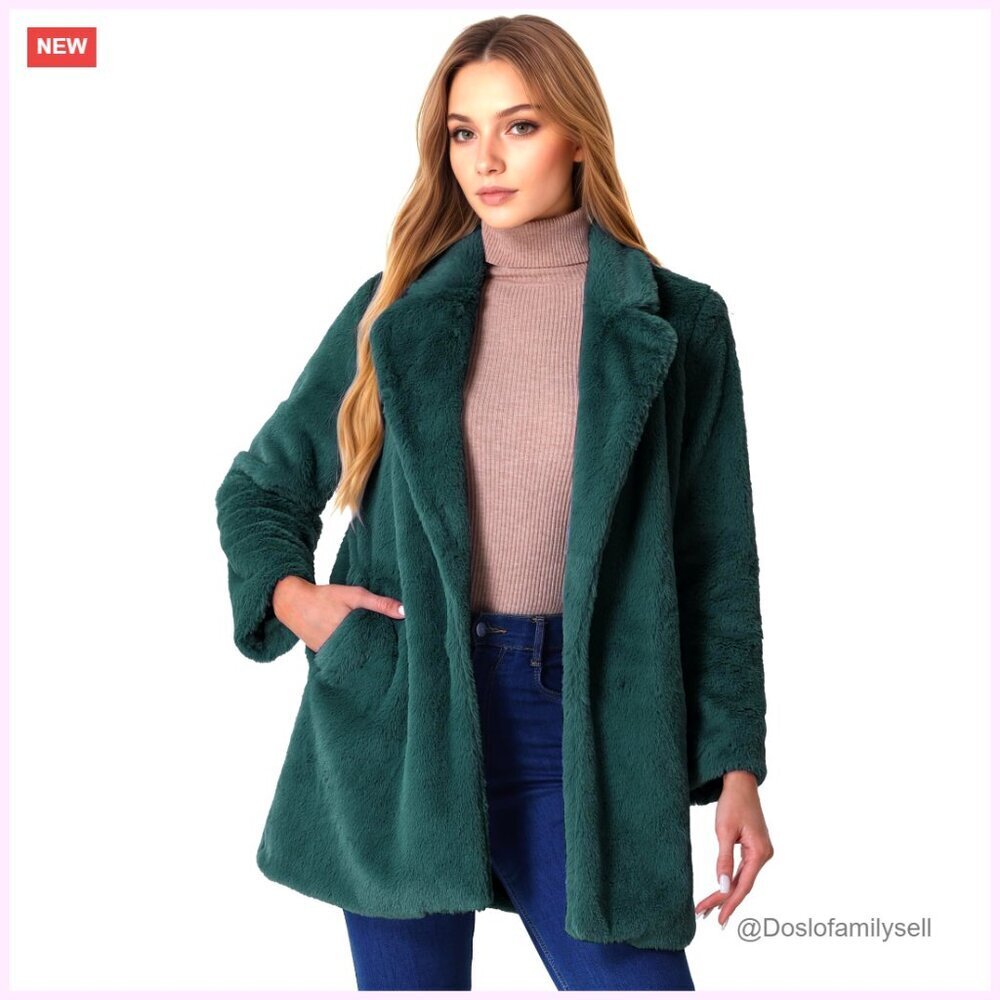 Faux Fur Lapel Coat Long Sleeve Open Front Winter Jacket Warm Fluffy